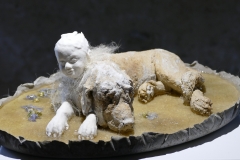 'SEELENKÖTER', 2020, clay, porcelain, concrete, dogshair, mallow blossoms, 10,5cm x 33,5cm x 24,5cm